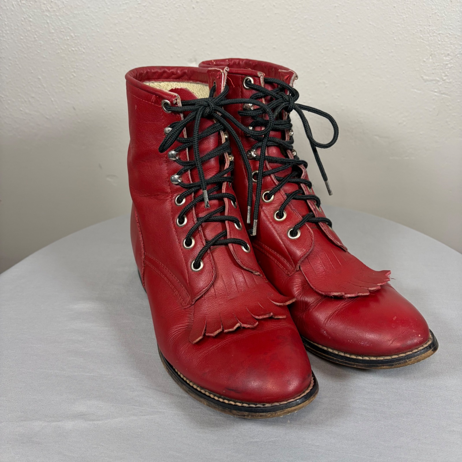 Vtg Justin Red Leather Lace Up Kiltie Roper Boots Womens 6 Kids 4.5 503y Cowgirl